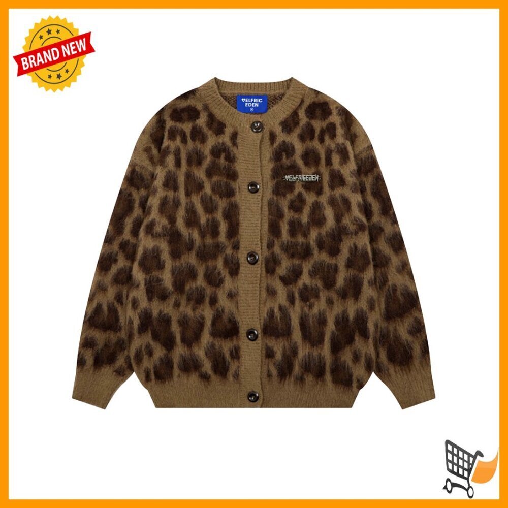 Oversized Leopard Print Cardigan Y2K Vintage Street Style Button Down Crewneck